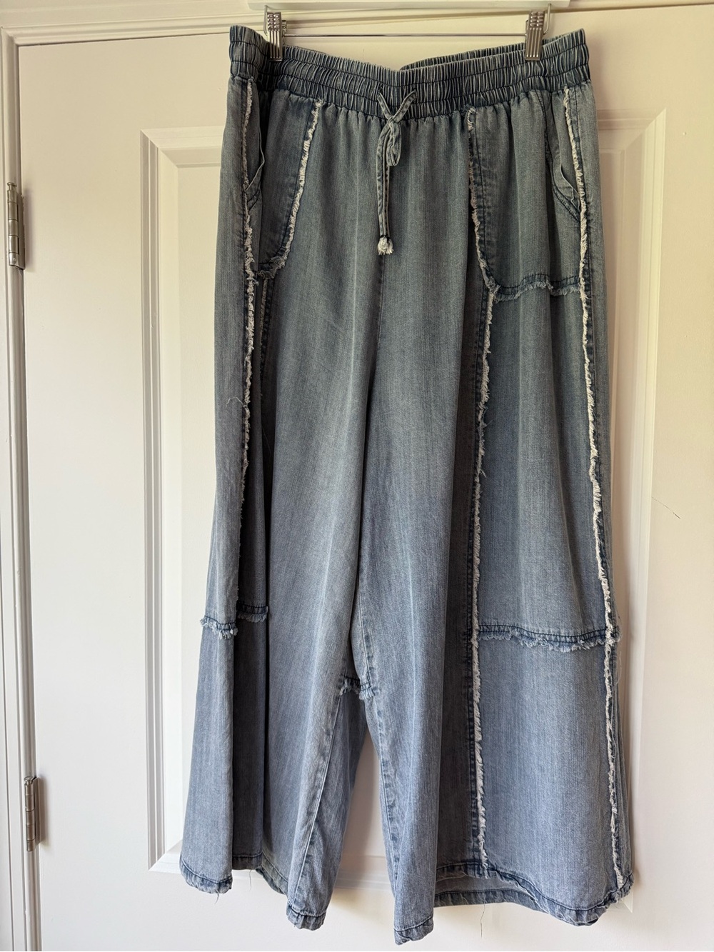Easel Frayed Edge Design Tencel Wide-Leg Soft Pants in Faded Blue, Size 2X - Picture 2 of 11